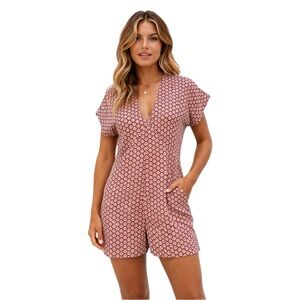 ZARA Trafaluc Romper Size Small Geo Print V Neck Short Sleeve Jumpsuit Playsuit